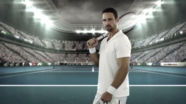 Tennisspieler steht mit Schläger — Stockvideo