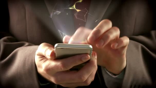 Ruka se dotýká telefon s virtuální rozhraní — Stock video
