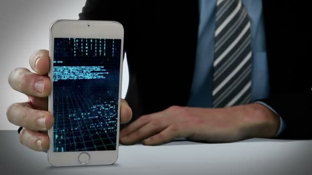 Hand tonen mobiele met virtuele interface — Stockvideo