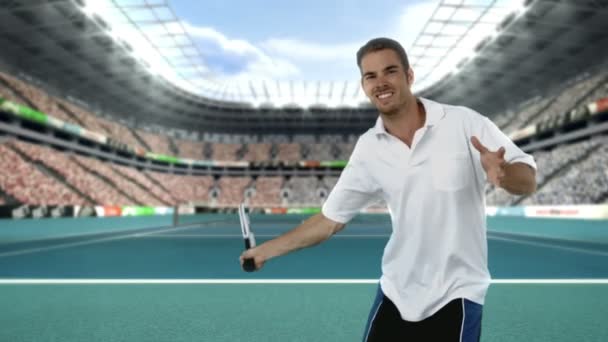 Теннисист играет в теннис с ракеткой — стоковое видео