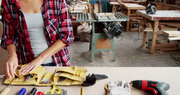 Kamera için gülümseyen çekici marangoz — Stok video