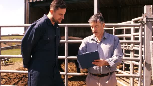 Cattle farmer interacting with man on clipboard — Stock Video