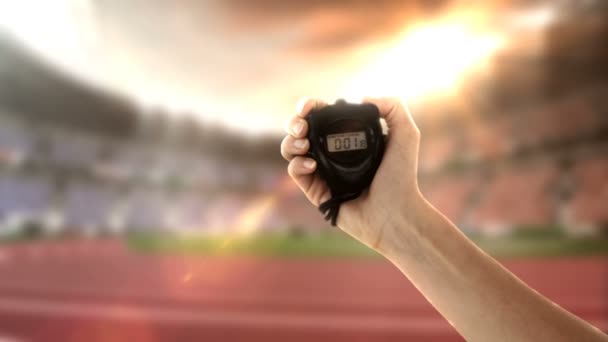 Kronometre Olimpik Stadyum tutan el — Stok video