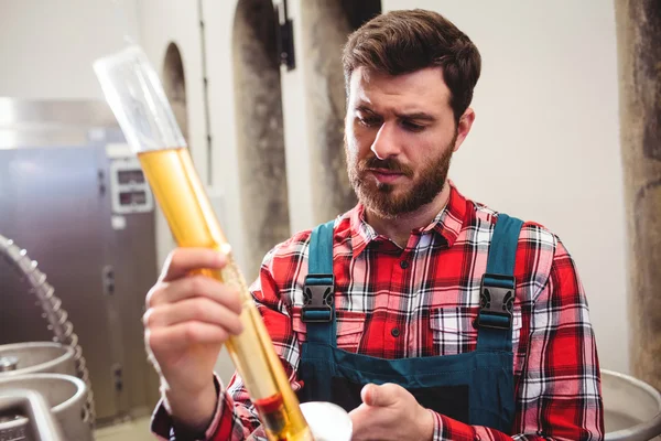 Fabrikant onderzoeken biertje in brouwerij — Stockfoto