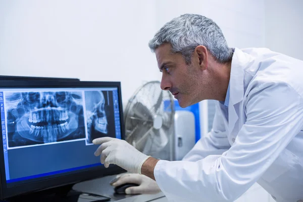 Dentista atencioso examinando um raio-X no monitor — Fotografia de Stock