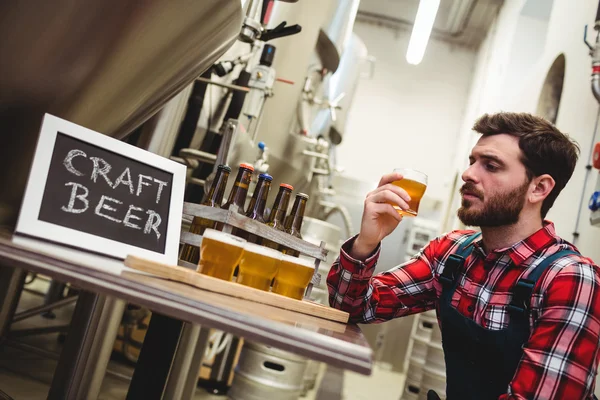 Fabrikant onderzoekt bier in brouwerij — Stockfoto