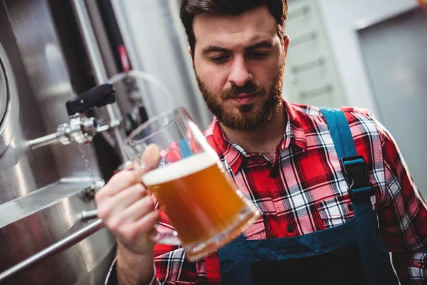 Manufacturer examining beer in glass by storage tank — Stock Photo, Image
