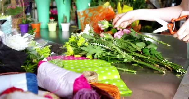 Florist trimning blomman stammen i butik — Stockvideo