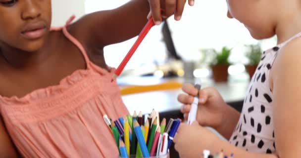 Colegialas recogiendo lápiz del portalápices — Vídeos de Stock