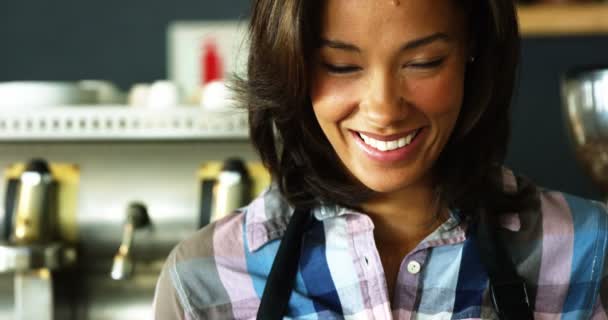 Camarera sonriendo en la cafetería — Vídeos de Stock