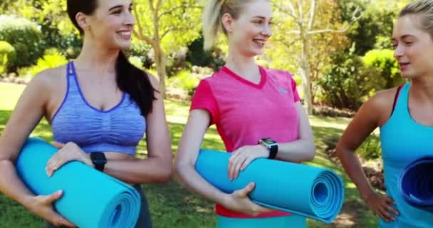 Hermosas mujeres sosteniendo alfombra de ejercicio en el parque — Vídeos de Stock
