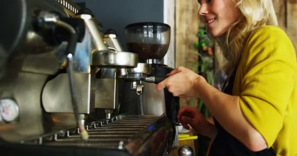 Garçonete feminina usando cafeteira — Vídeo de Stock