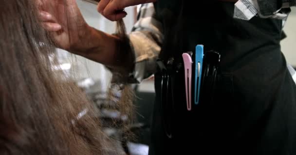 Peluquero recortar el cabello en el salón — Vídeo de stock