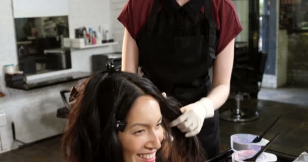 Перукар фарбування волосся свого клієнта — стокове відео