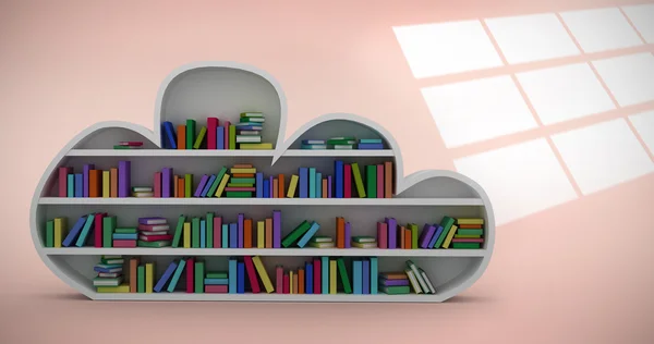Livros em prateleiras de madeira em forma de nuvem — Fotografia de Stock