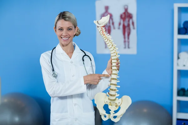 Retrato del fisioterapeuta que sostiene el modelo de columna vertebral —  Fotos de Stock