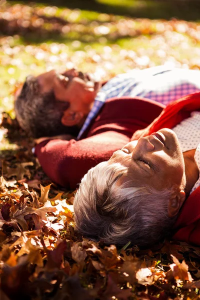 Par liggande i parken under hösten — Stockfoto