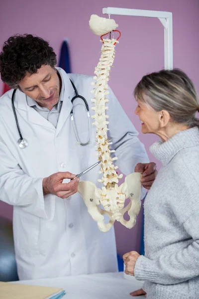 Physiotherapeut erklärt Patienten das Wirbelsäulenmodell — Stockfoto