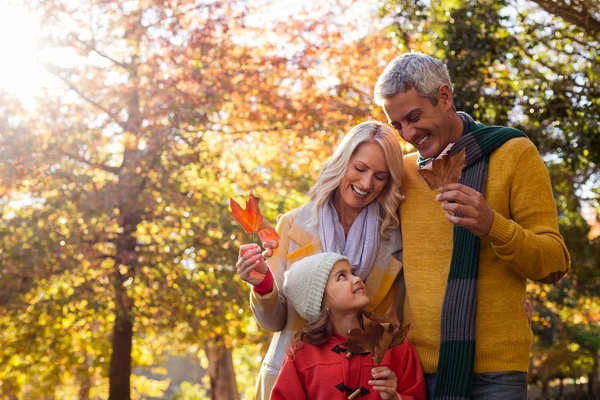 Familia sosteniendo hojas contra árboles — Foto de Stock