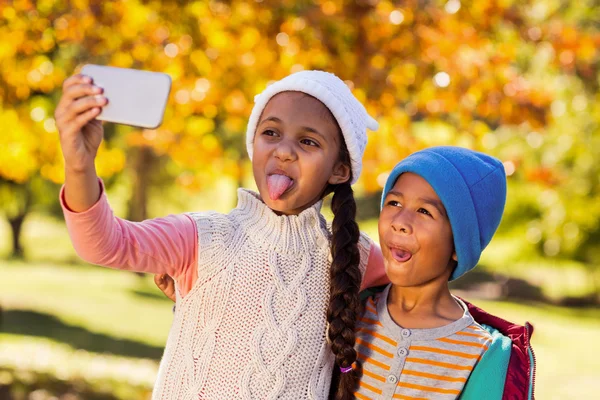 Játékos testvérek, figyelembe véve a selfie Park — Stock Fotó