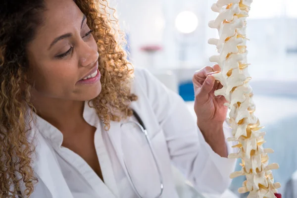 Fisioterapeuta sonriente mirando el modelo de columna vertebral — Foto de Stock