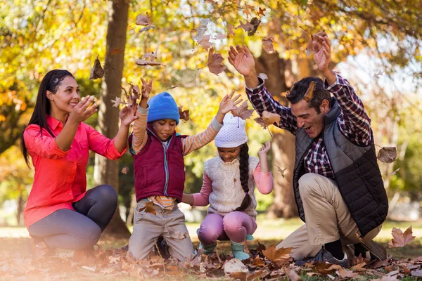 Familia alegre jugando con hojas de otoño —  Fotos de Stock