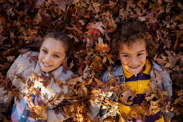 Hermanos acostados en hojas de otoño en el parque — Foto de Stock