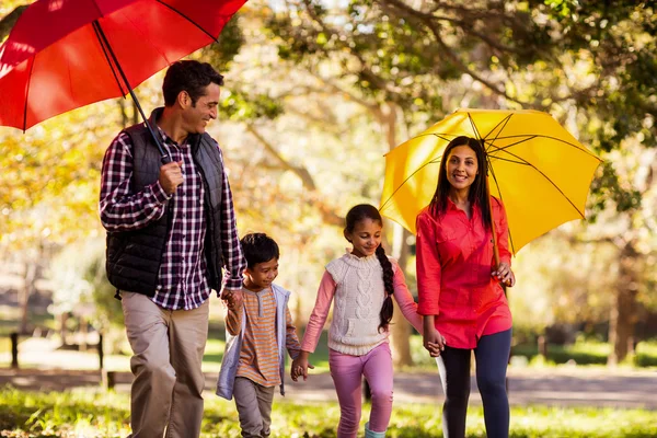 Familie spaziert mit Regenschirmen — Stockfoto