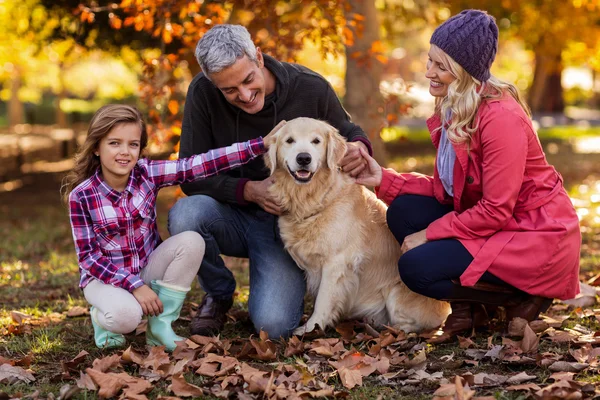 Χαμογελώντας οικογένεια με σκύλο στο πάρκο — Φωτογραφία Αρχείου