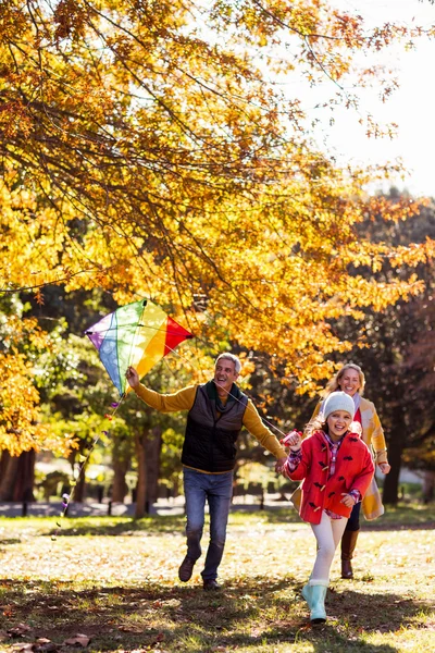 Family playing at park with kite