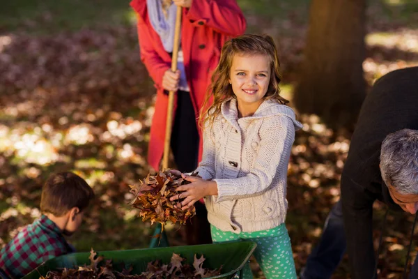 Ragazza raccogliendo foglie di autunno con la famiglia — Foto Stock