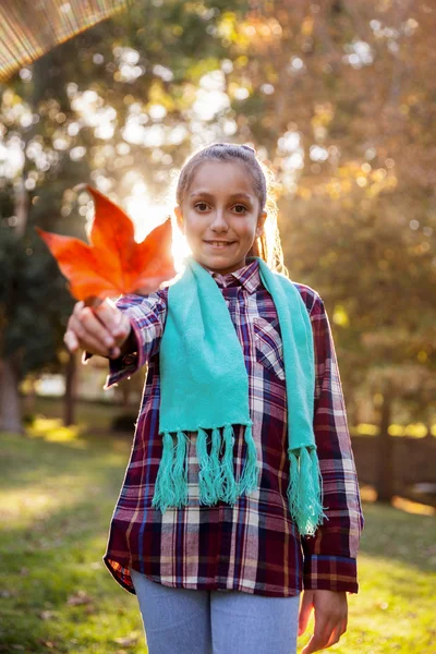 Dívka ukazuje podzimní listí v parku — Stock fotografie