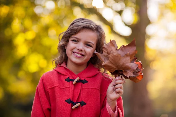Girl holding autumn leaves at park — Stock Photo, Image