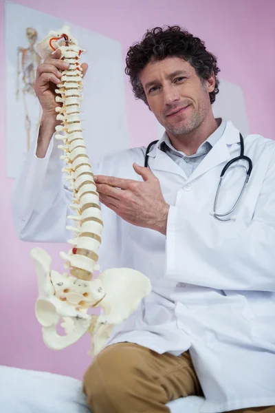 Retrato del fisioterapeuta sentado con modelo de columna vertebral —  Fotos de Stock