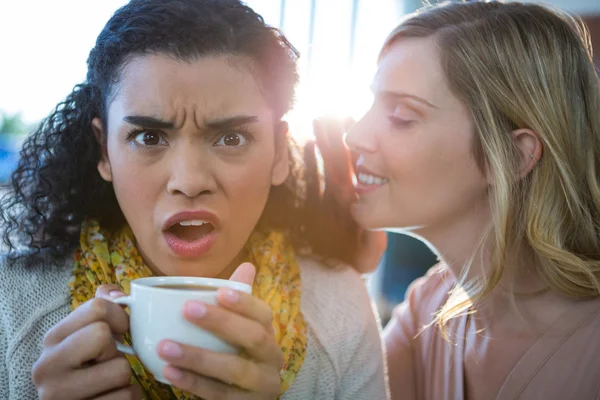 Frau flüstert ihren Freunden ein Geheimnis ins Ohr — Stockfoto