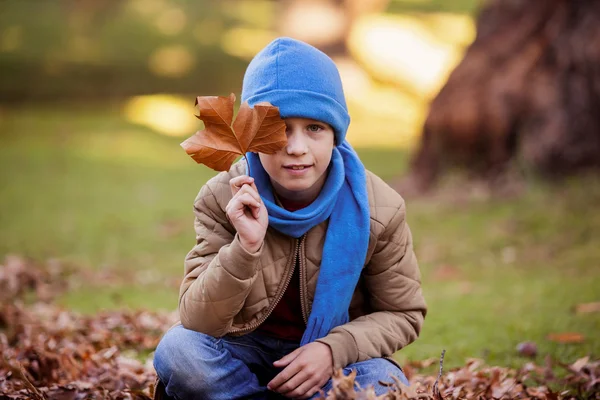 Boy holding autumn leaf — Stock Photo, Image