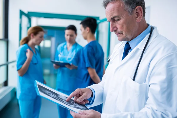 Doctor standing in corridor examining x-ray — Stock Photo, Image