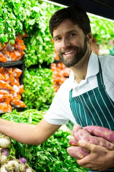 Male staff arranging vegetables in organic section — Stock Photo, Image