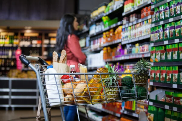 Varios comestibles en el carrito de la compra —  Fotos de Stock