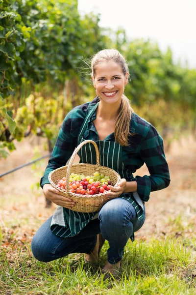 Viticultor sosteniendo una cesta de uvas — Foto de Stock