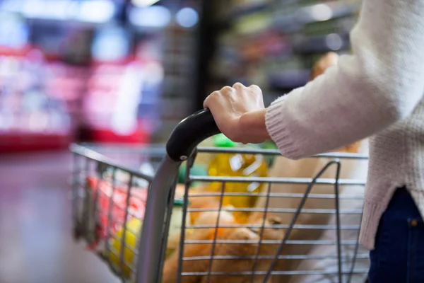 Mujer sosteniendo comestibles en el carro de la compra —  Fotos de Stock