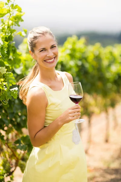 Kvinnliga vingårdsgård innehav vin glas — Stockfoto
