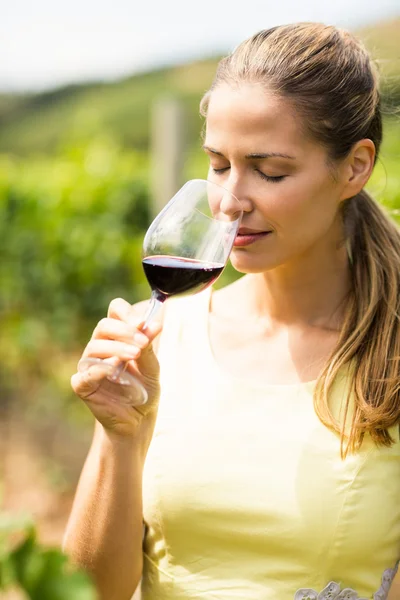Vrouwelijke wijnboer ruiken glas wijn — Stockfoto