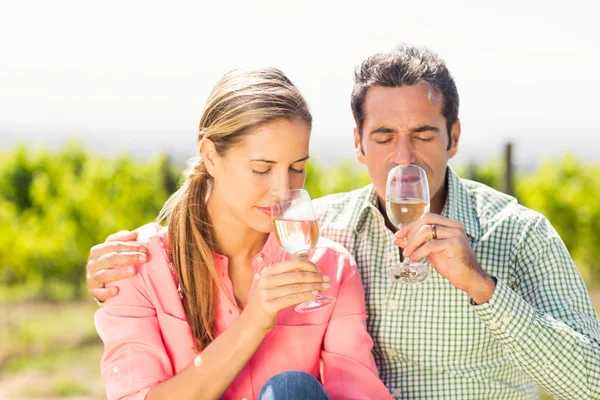 ワインのグラスを臭いがする幸せなカップル — ストック写真
