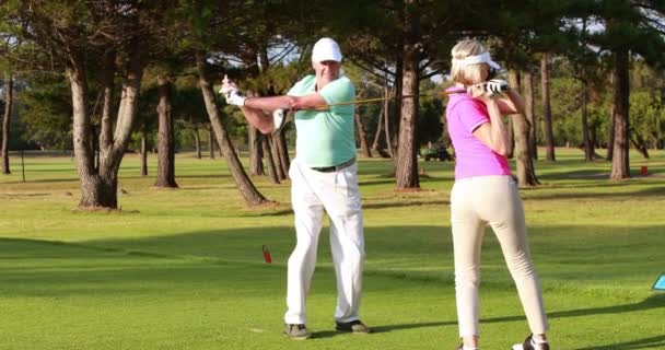 Dos jugadores de golf jugando al golf juntos — Vídeo de stock