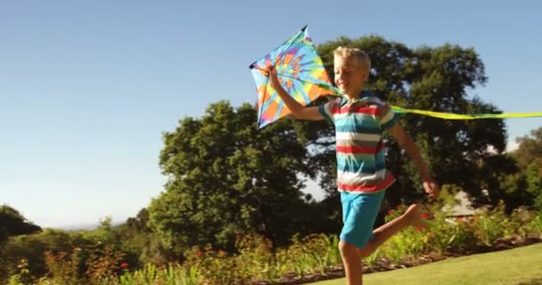 Boy running in the park with kite — Stockvideo