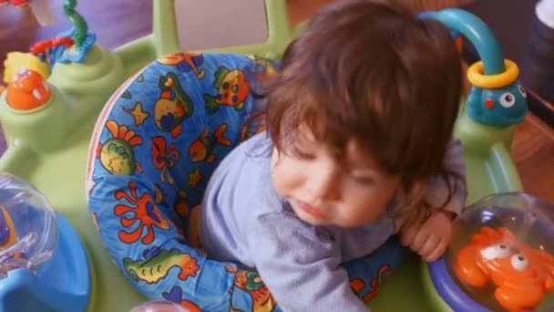 Cute babygirl sitting in baby walker — Stock video