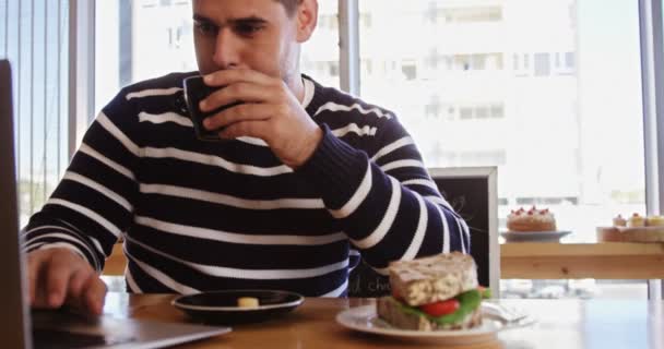 Hombre usando el ordenador portátil mientras toma café — Vídeos de Stock