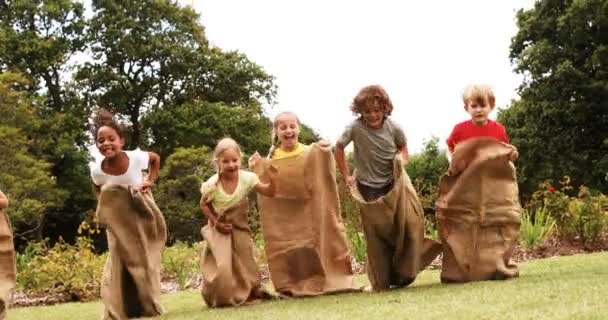 Niños haciendo una carrera de sacos en el parque — Vídeo de stock