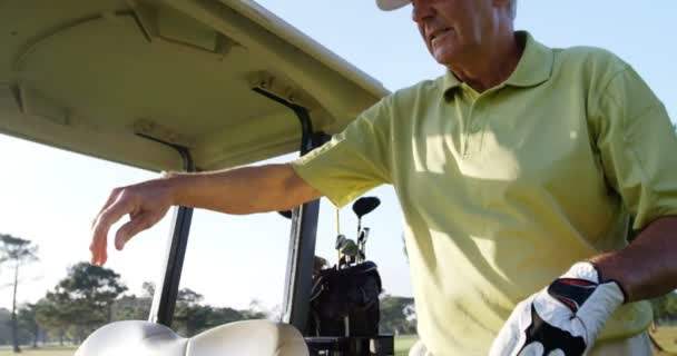 Golfista dirigindo em seu buggy de golfe — Vídeo de Stock